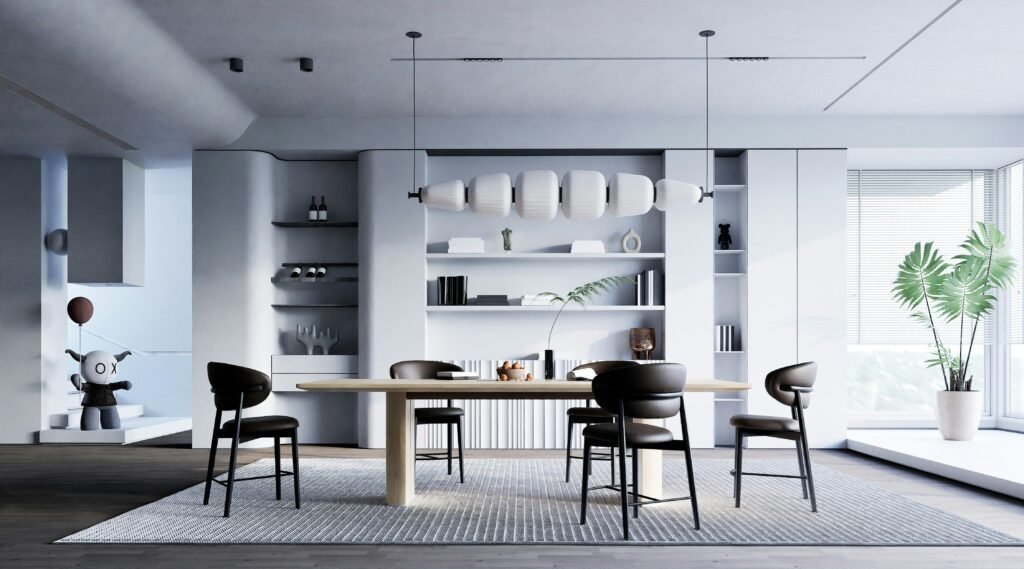 a dining room with a table and chairs of interior design of trending 