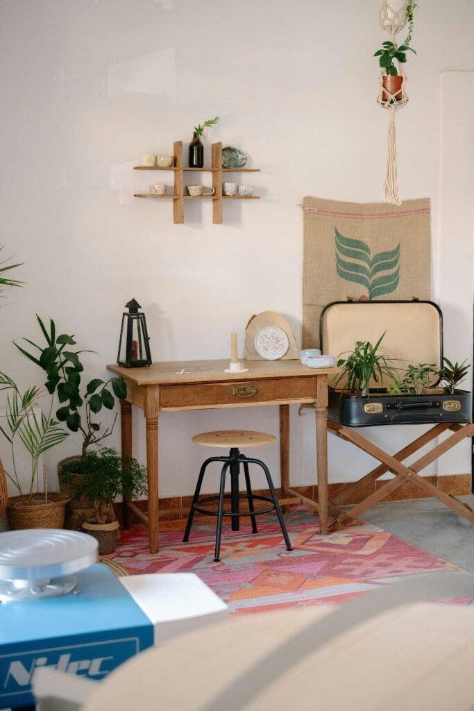 a cozy bohemian workplace with plant and decor DIY Décor Projects